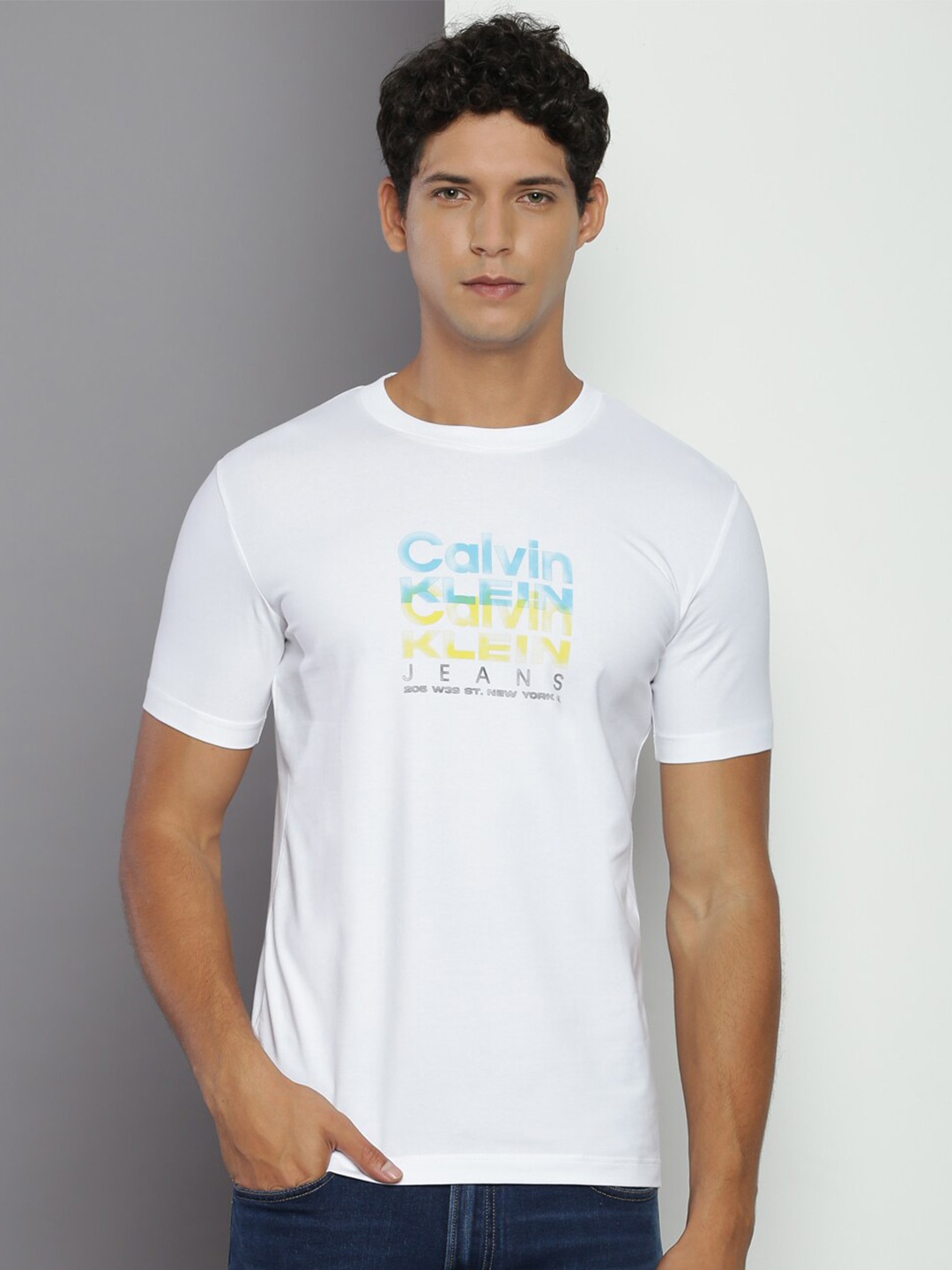 

Calvin Klein Jeans Typography Printed Round Neck Cotton Slim Fit T-shirt, White