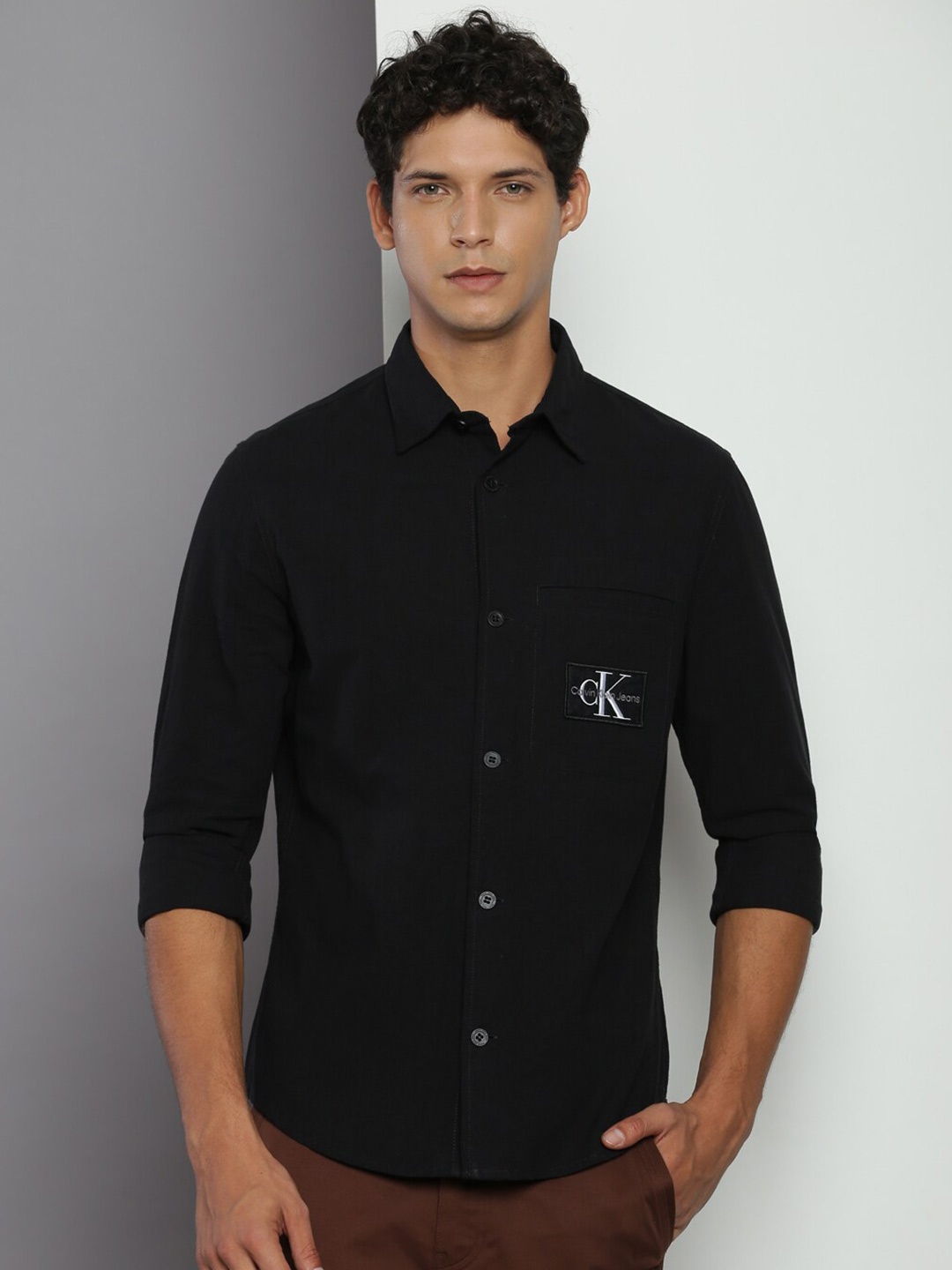 

Calvin Klein Jeans Spread Collar Opaque Casual Cotton Shirt, Black