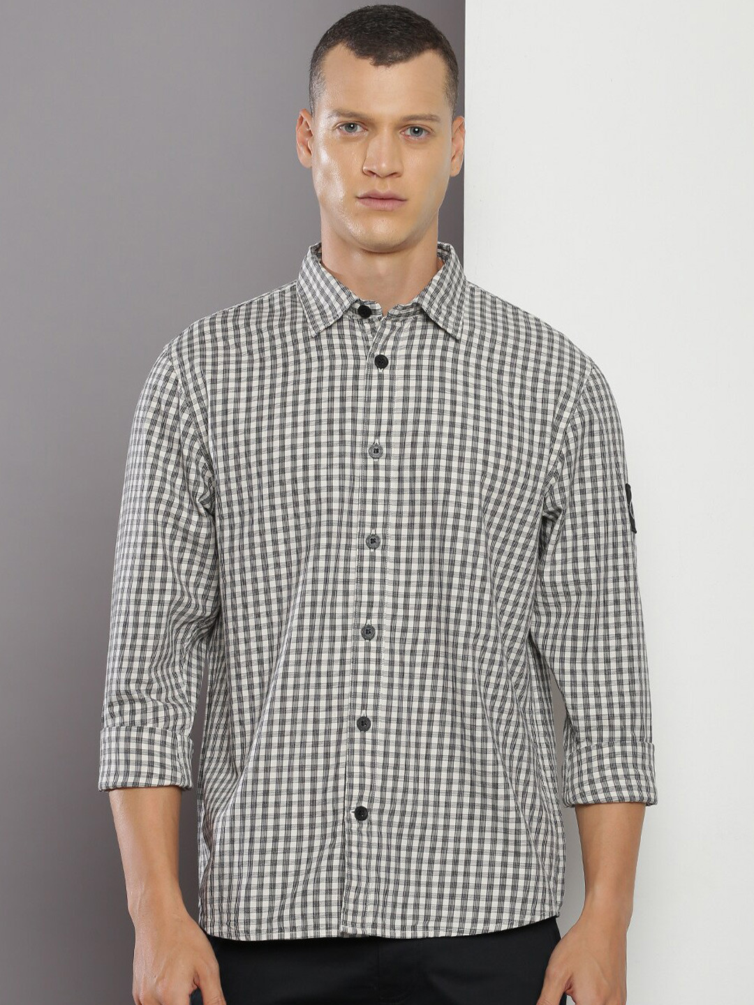 

Calvin Klein Jeans Checked Boxy Fit Opaque Casual Cotton Shirt, Off white