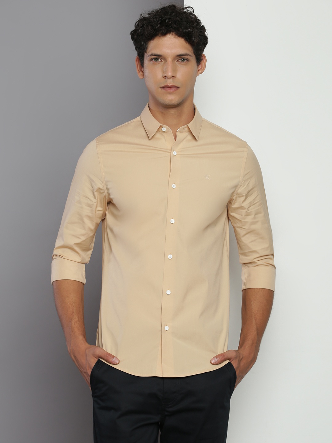 

Calvin Klein Jeans Slim Fit Spread Collar Long Sleeve Casual Shirt, Beige