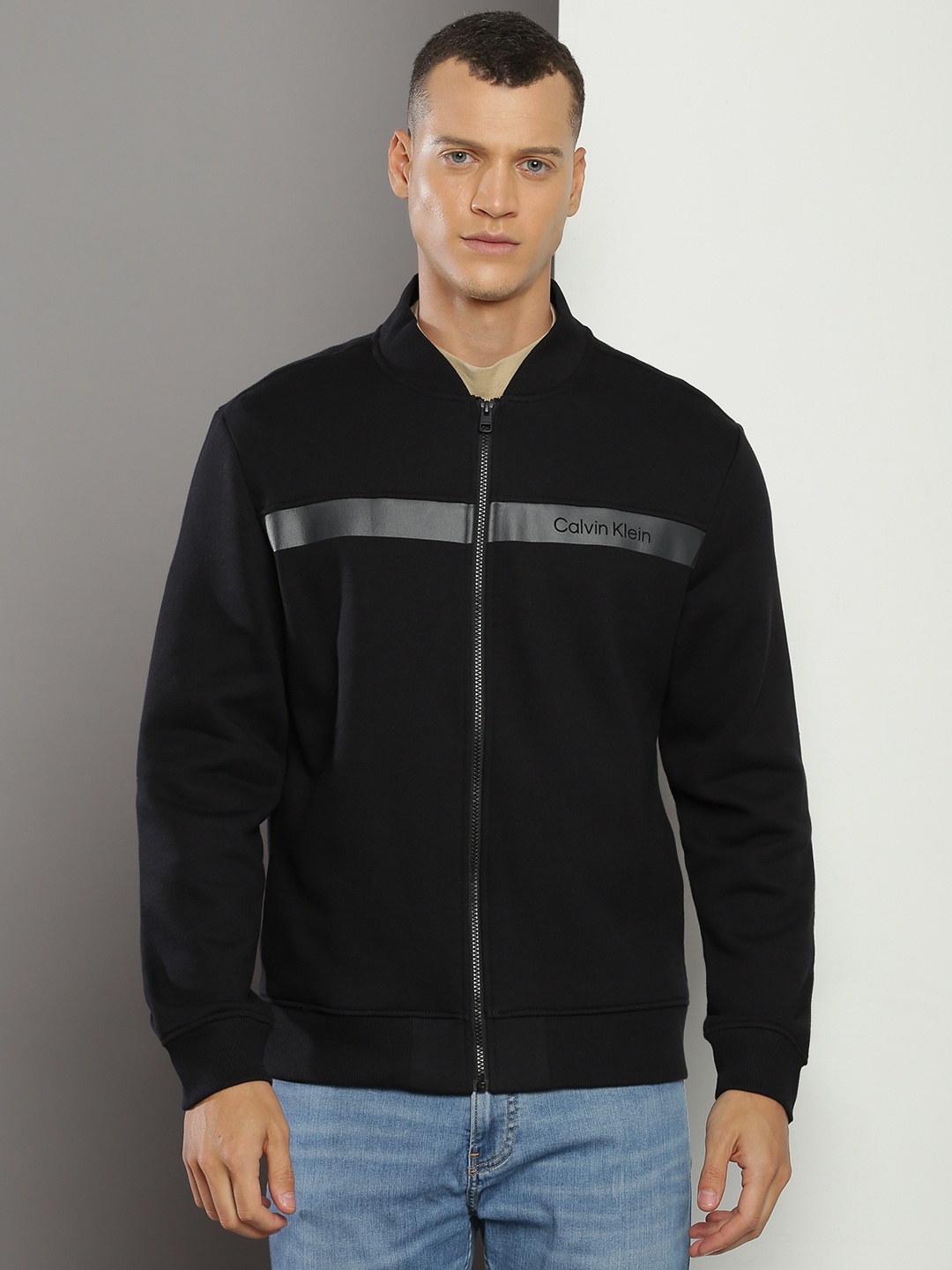 

Calvin Klein Jeans Mandarin Collar Typography Printed Sweatshirt, Black