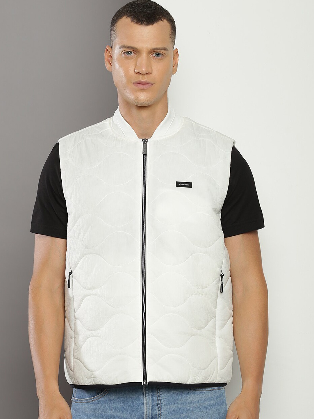 

Calvin Klein Jeans Stand Collar Sleeveless Bomber Jacket, Off white