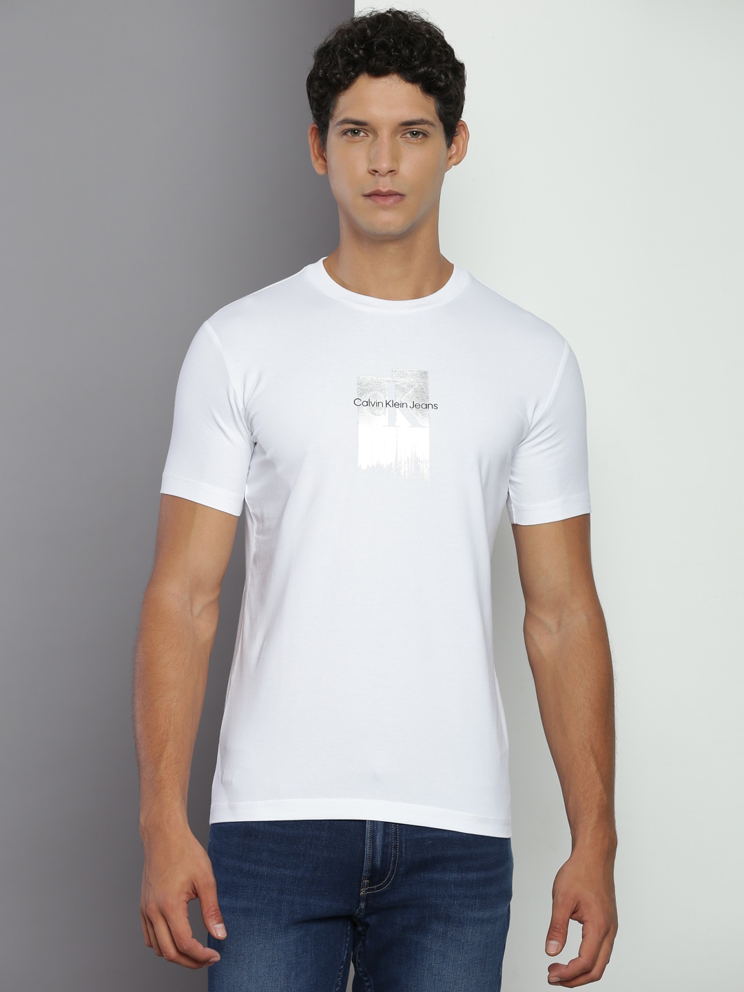 Calvin Klein Jeans Typography Printed Round Neck Slim Fit T-shirt, White