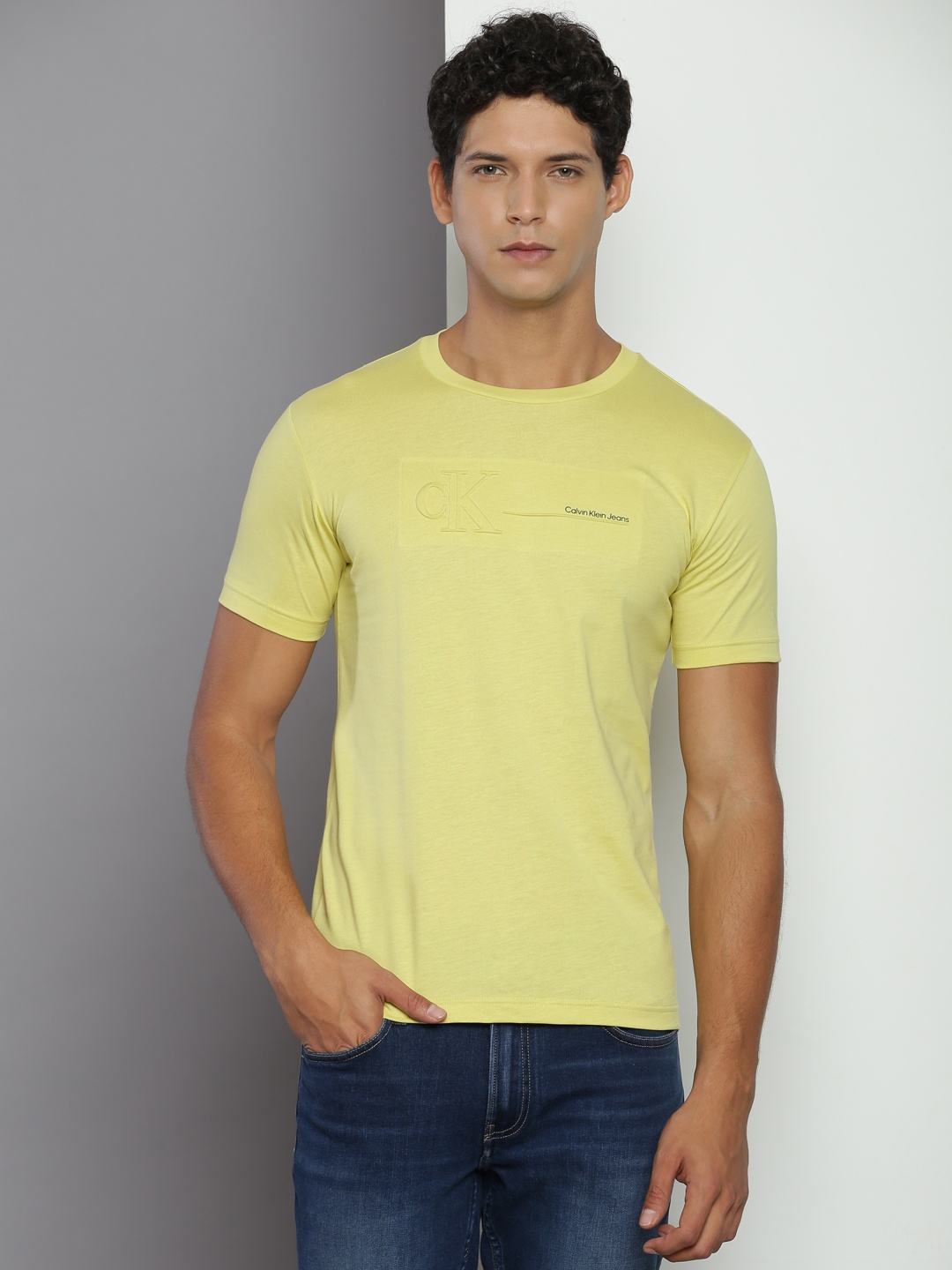 

Calvin Klein Jeans Typography Self Design Slim Fit T-shirt, Yellow