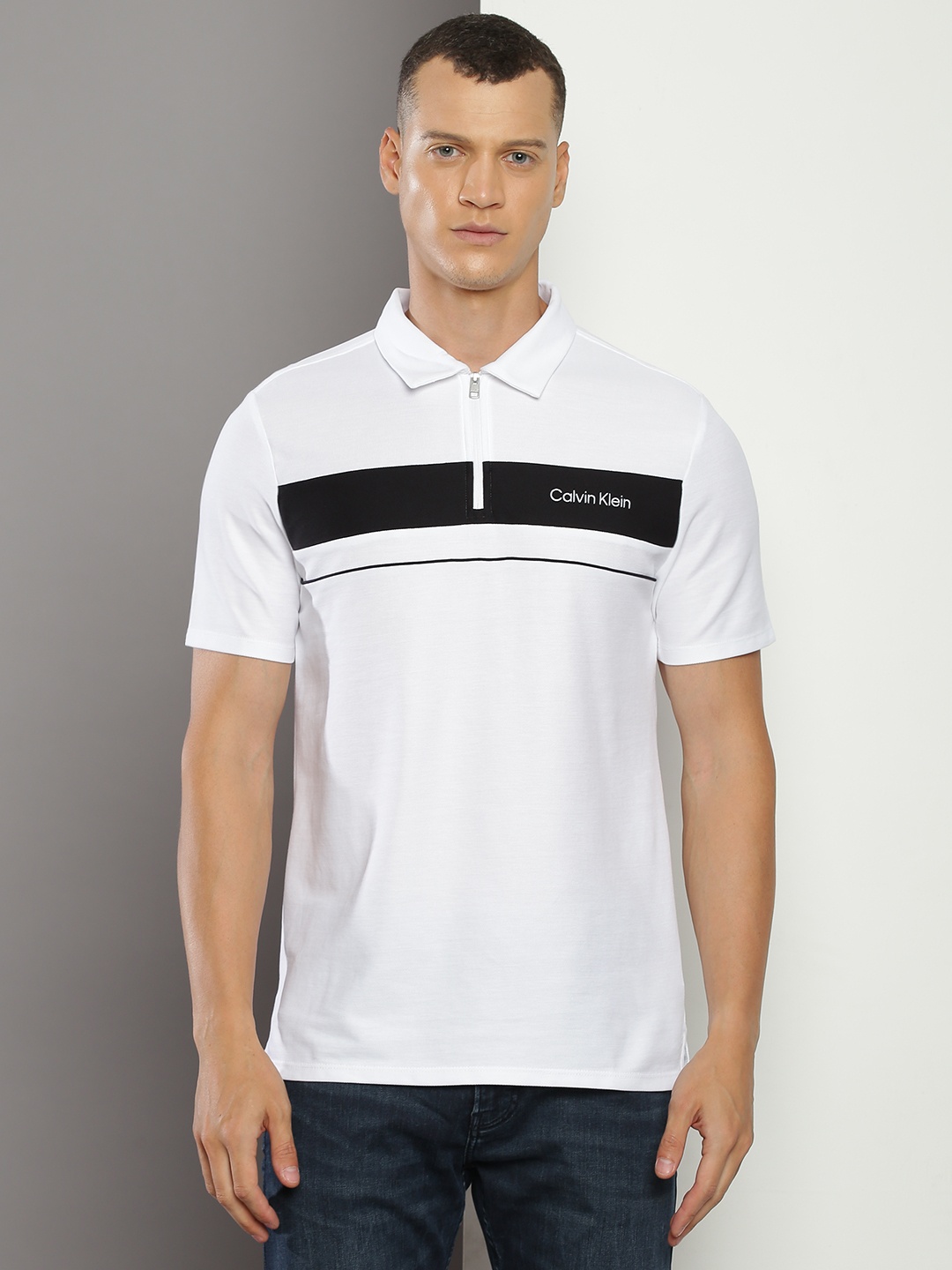 

Calvin Klein Jeans Striped Polo Collar Regular Fit T-shirt, White