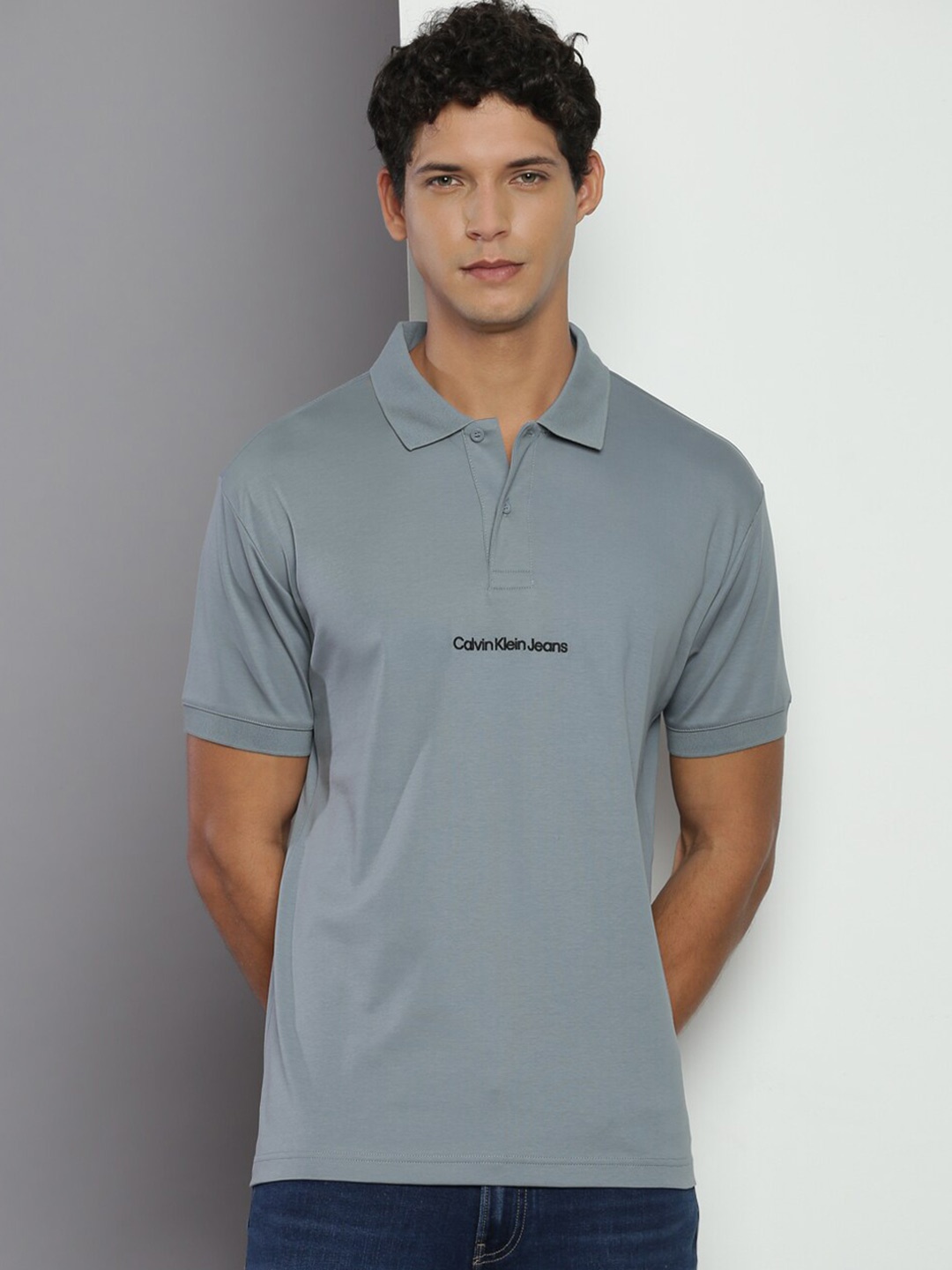 

Calvin Klein Jeans Typography Printed Polo Collar Cotton Regular T-shirt, Grey