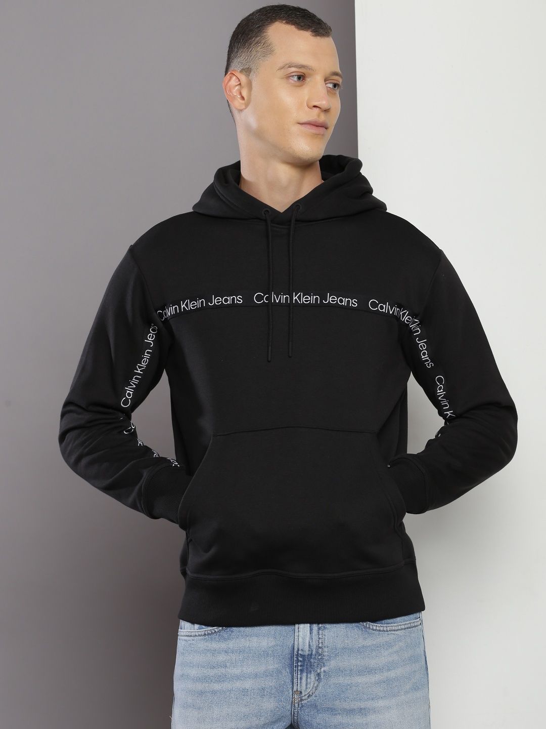 

Calvin Klein Jeans Typography Printed Hooded Pullover, Black