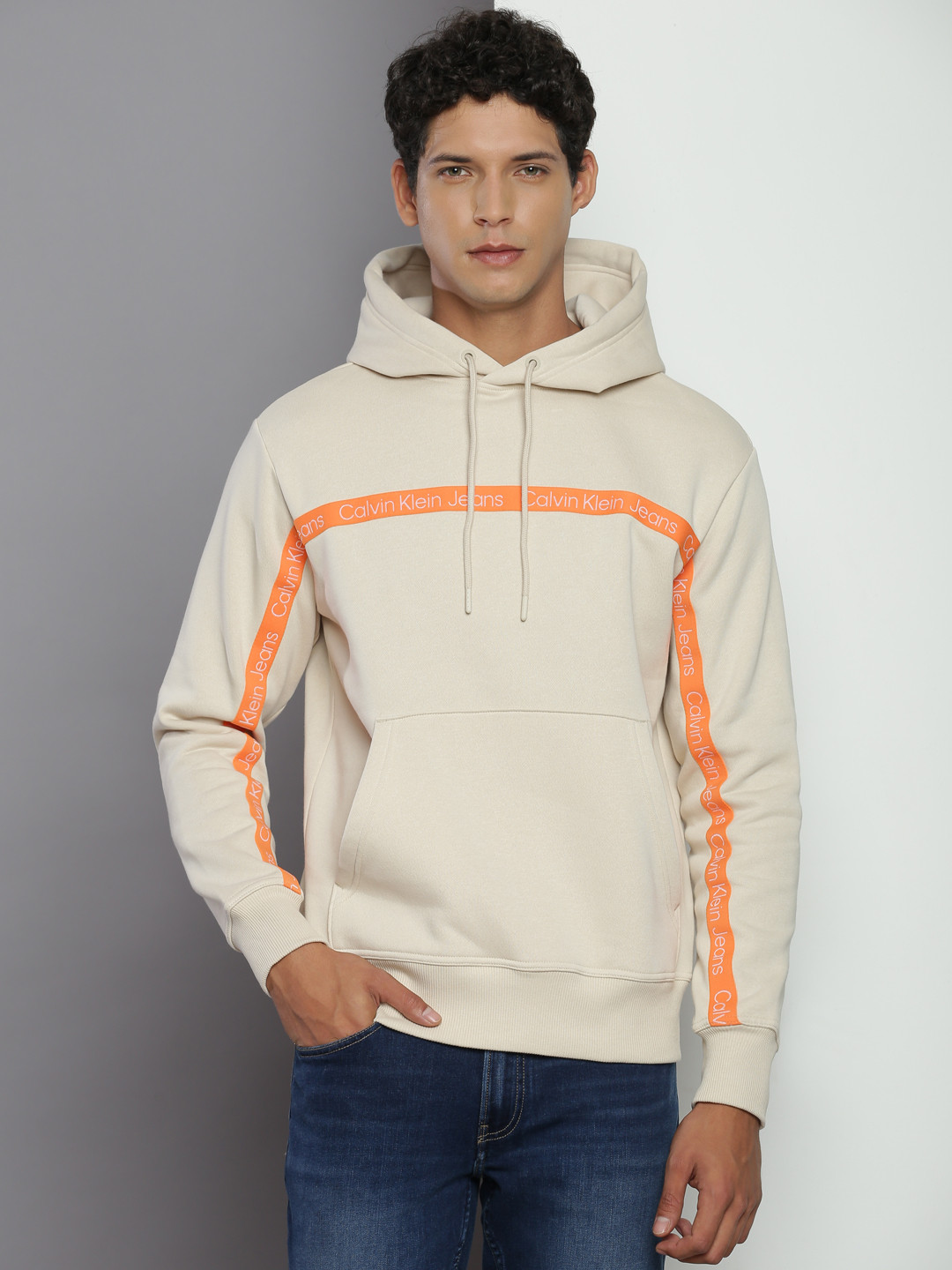 

Calvin Klein Jeans Typography Printed Hooded Pullover, Beige