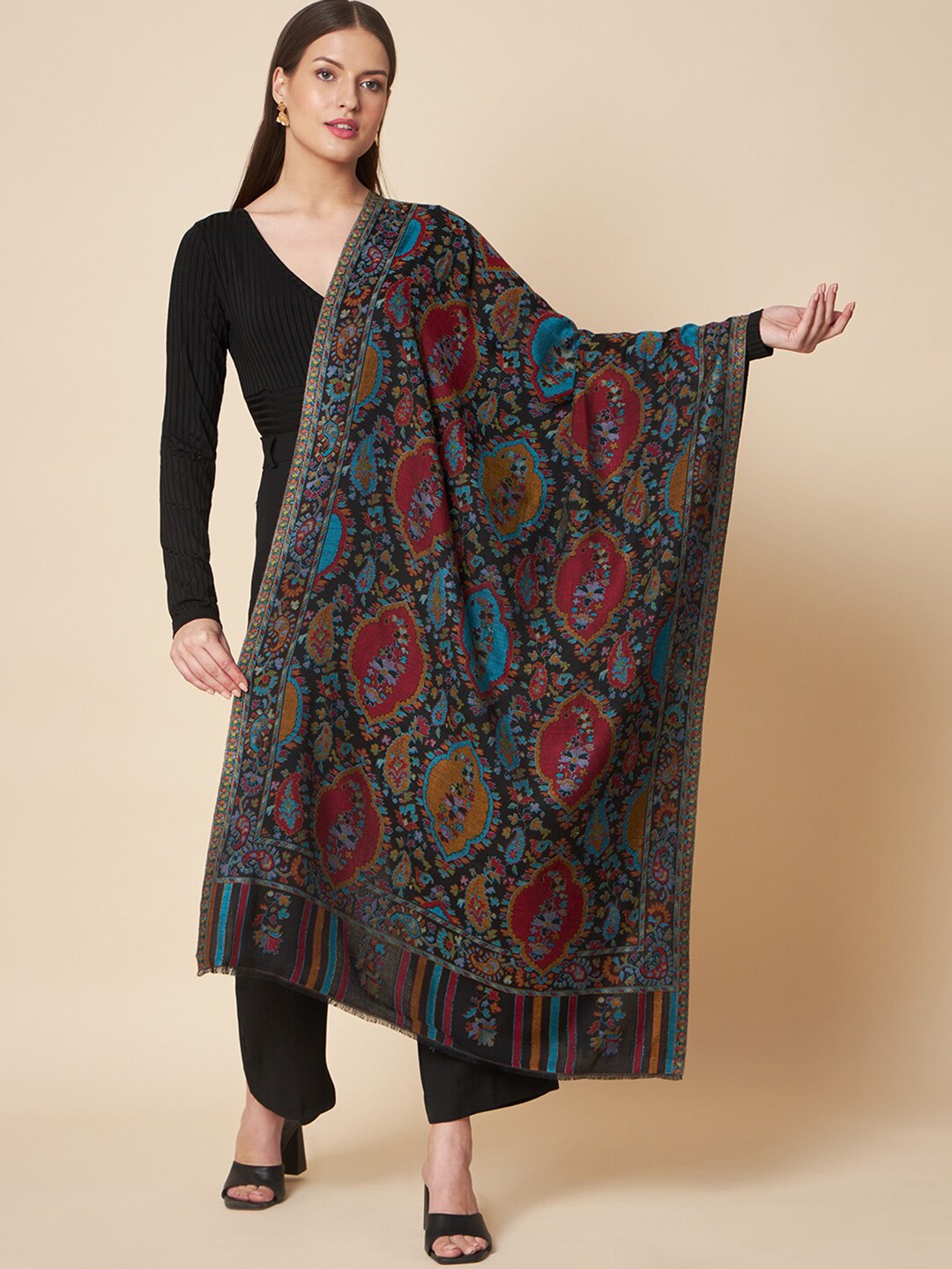 

Pashtush Women Floral Woven Design Stole, Black