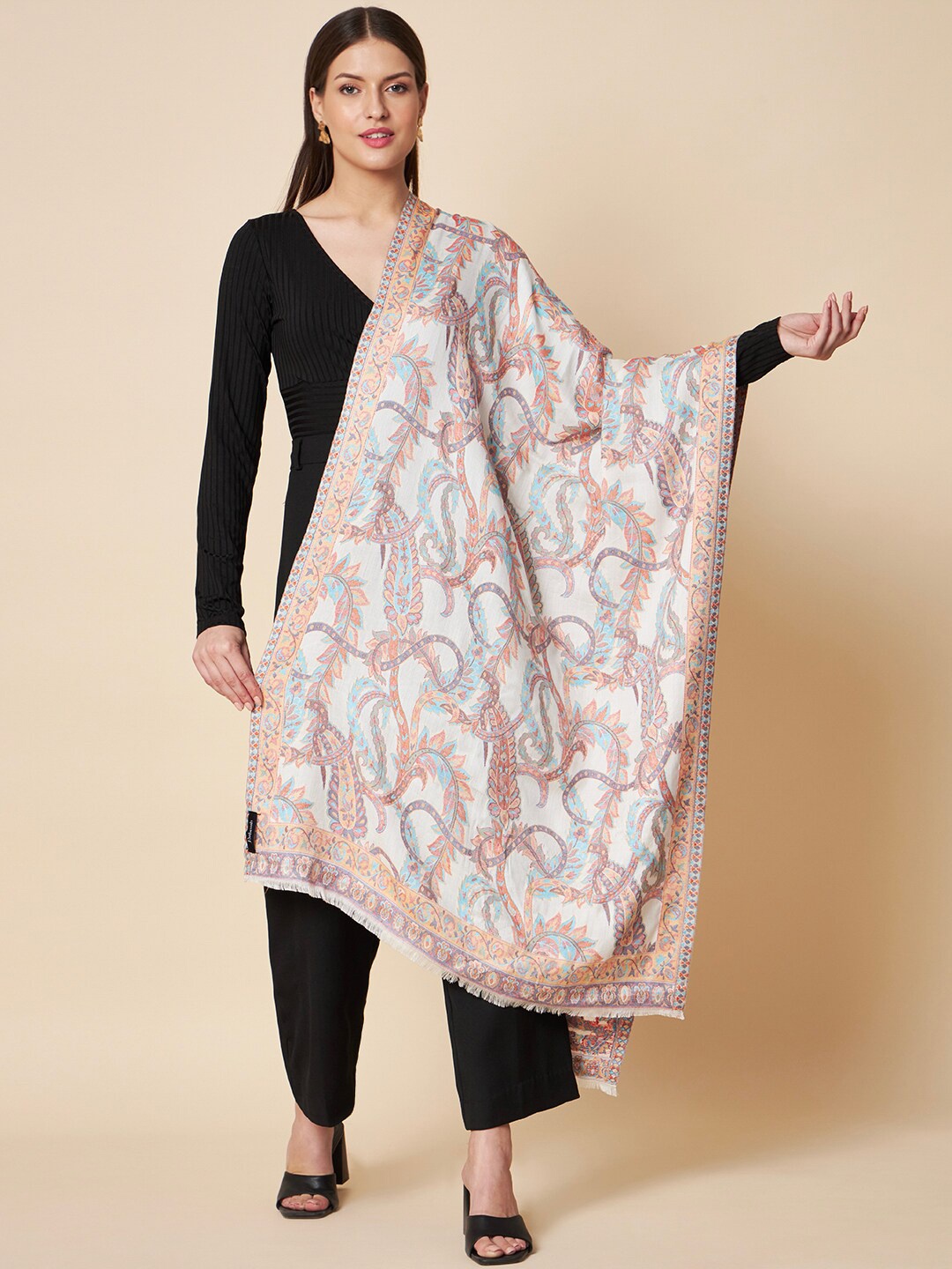 

Pashtush Ethnic Motifs Woven Design Stole, Cream