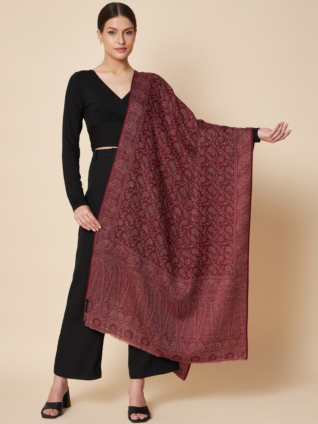 

Pashtush Paisley Woven Design Wool Stole, Maroon