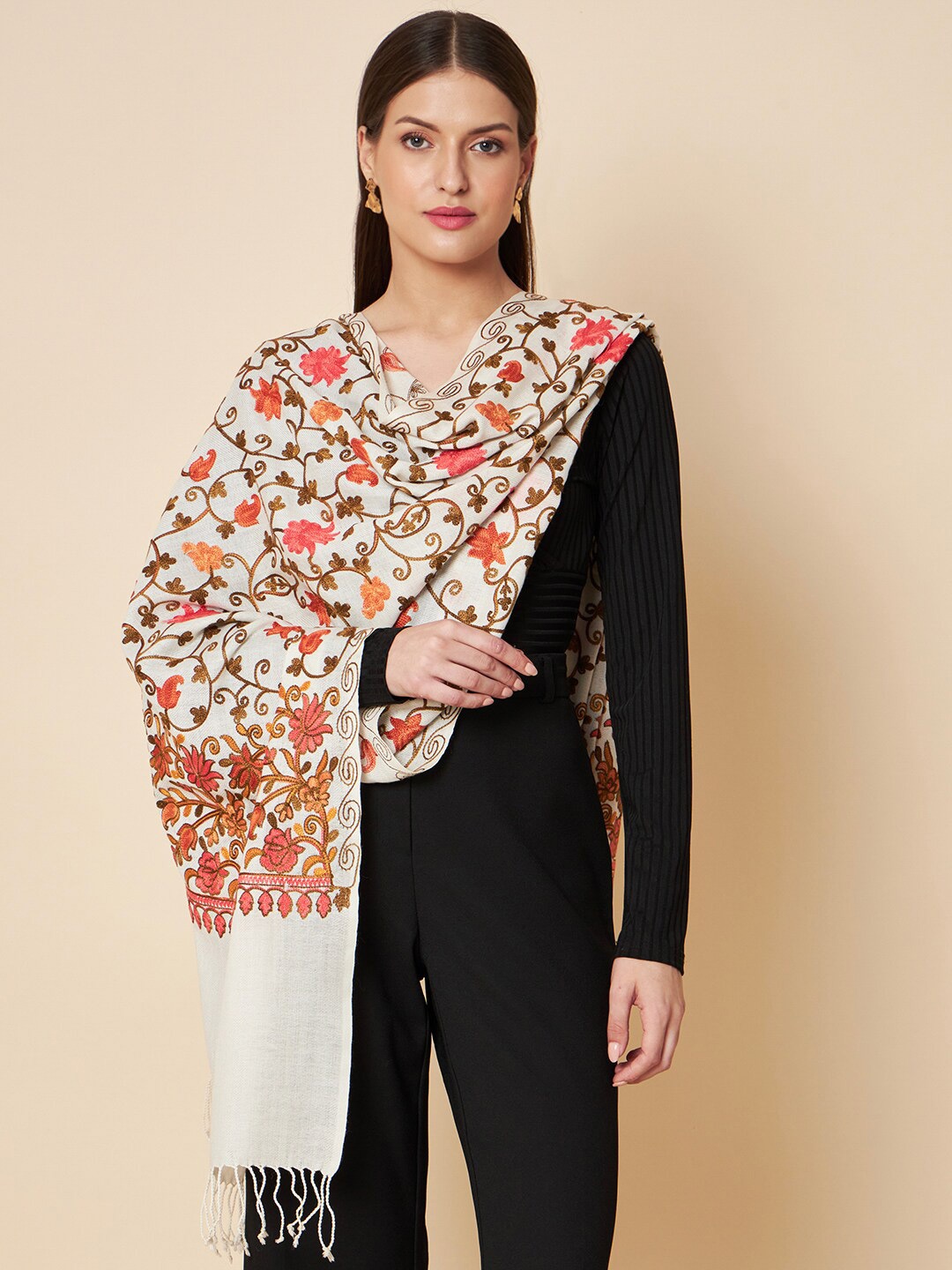 

Pashtush Women Floral Embroidered Wool Stole, Cream