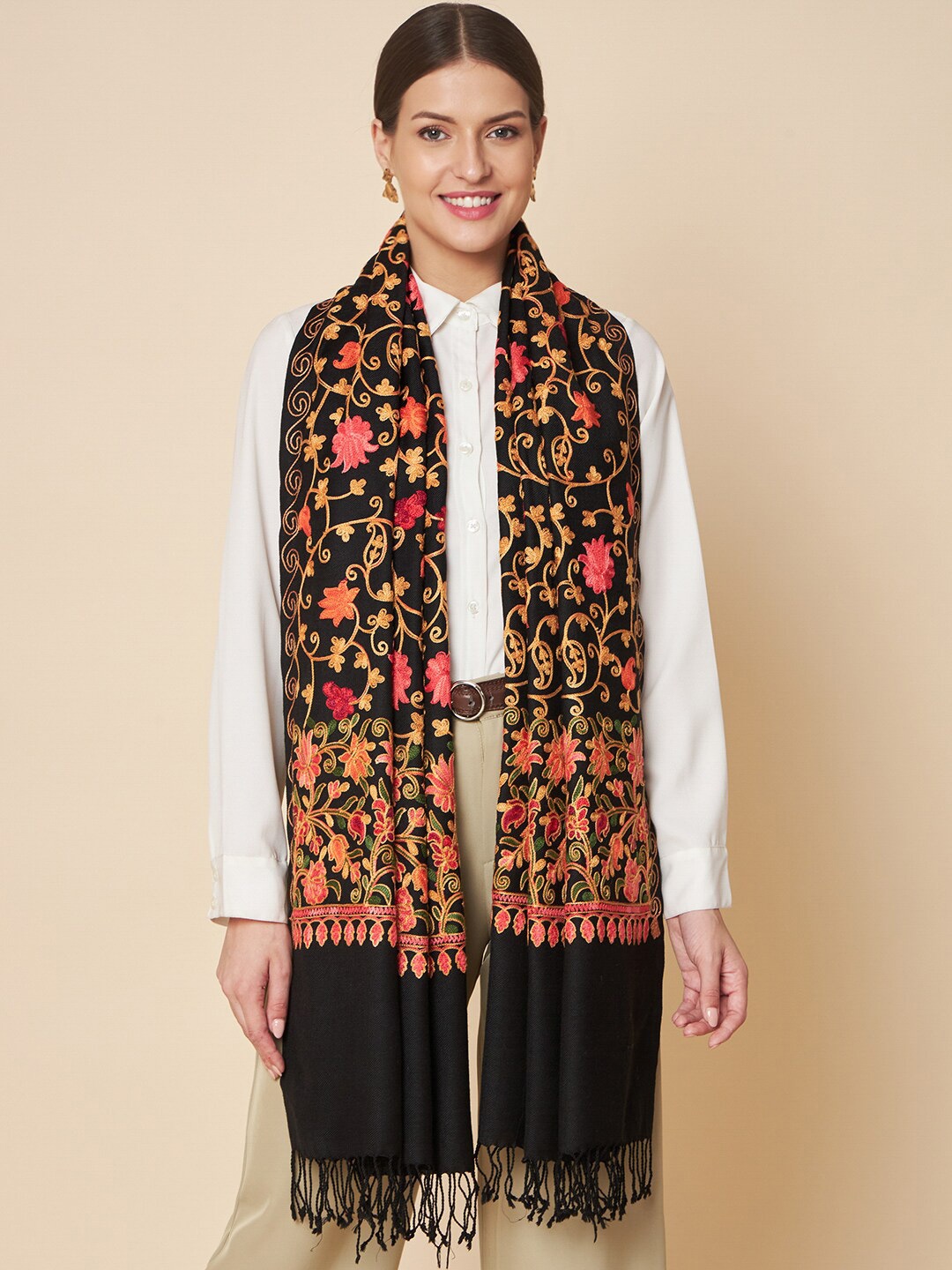 

Pashtush Floral Embroidered Wool Stole, Black