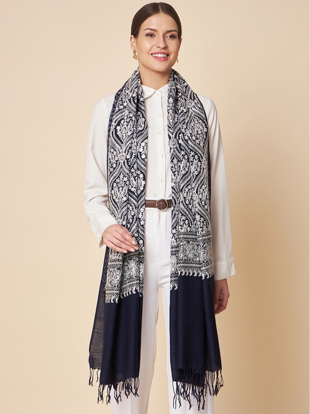 

Pashtush Floral Embroidered Wool Stole, Navy blue