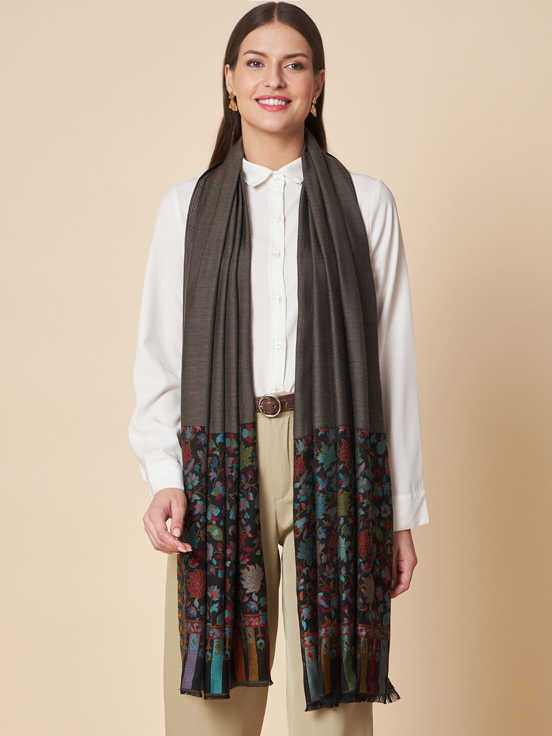 

Pashtush Women Floral Woven Design Stole, Olive