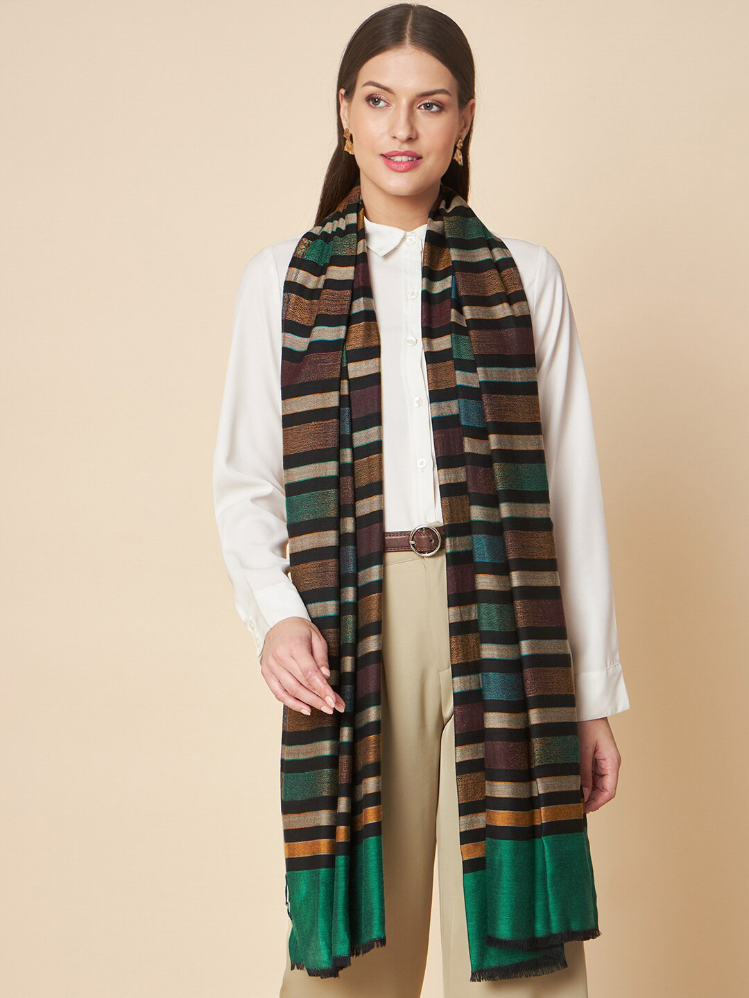 

Pashtush Striped Woven Design Wool Stole, Green