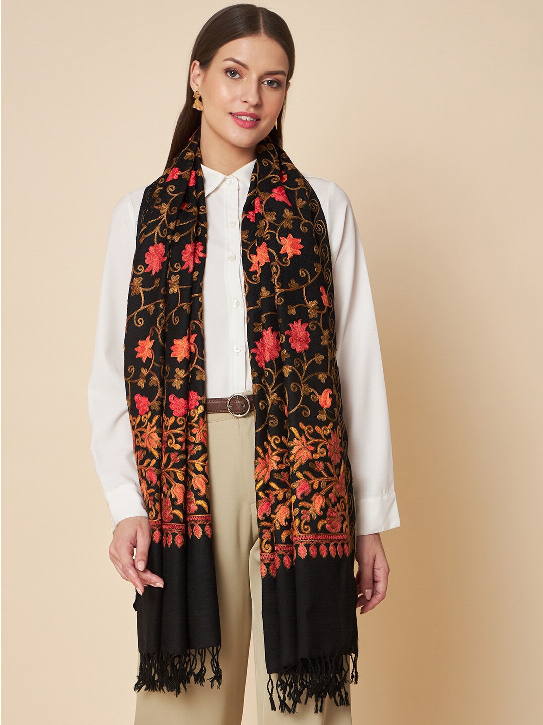 

Pashtush Floral Embroidered Wool Stole, Black