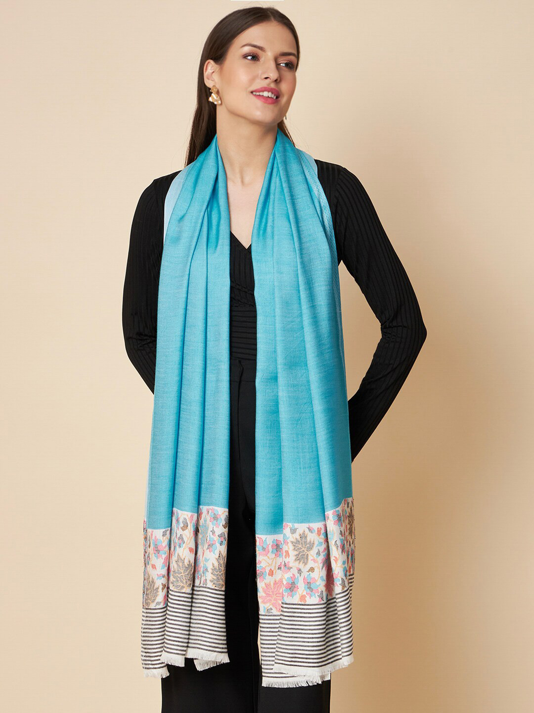 

Pashtush Floral Woven Design Stole, Sea green
