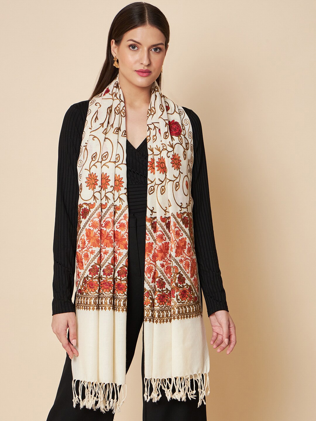 

Pashtush Floral Embroidered Wool Stole, White