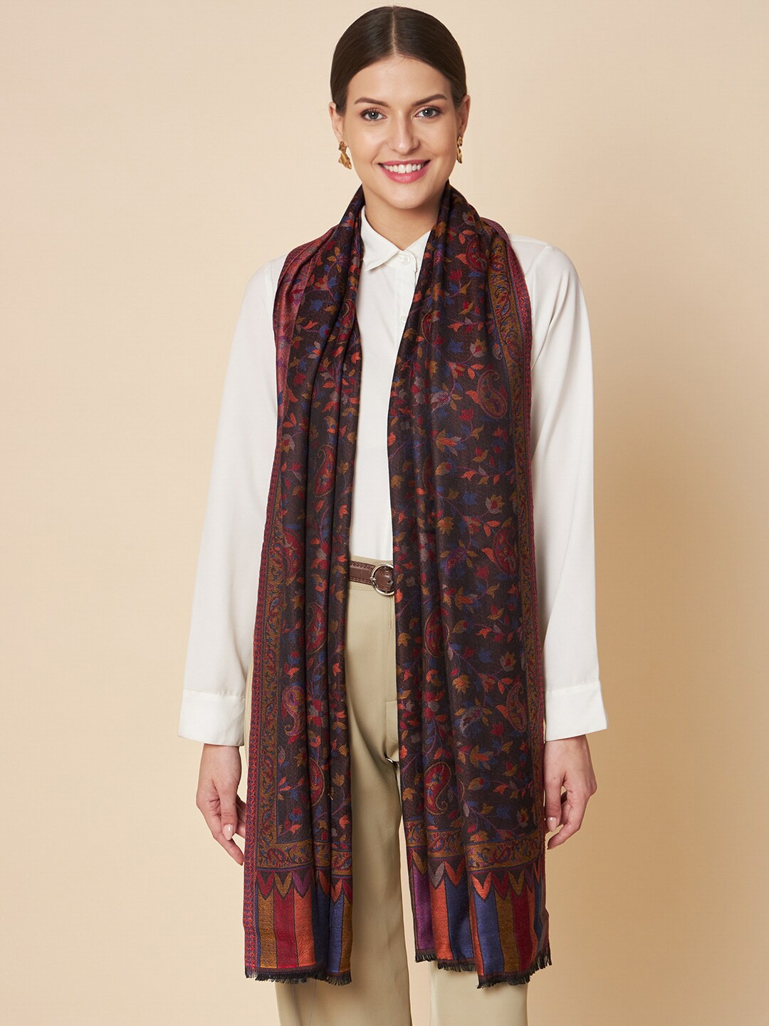 

Pashtush Women Floral Woven Design Stole, Black