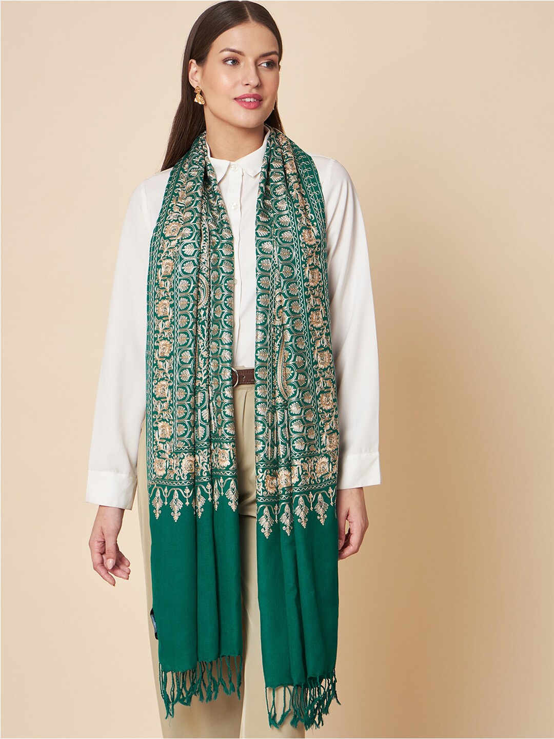 

Pashtush Floral Embroidered Wool Stole, Green