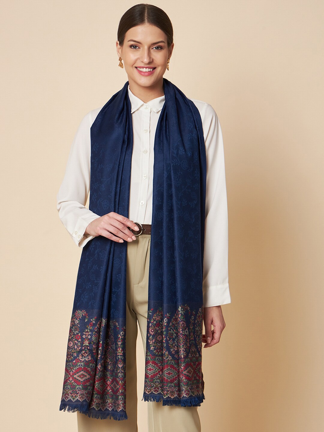 

Pashtush Women Floral Woven Design Stole, Navy blue