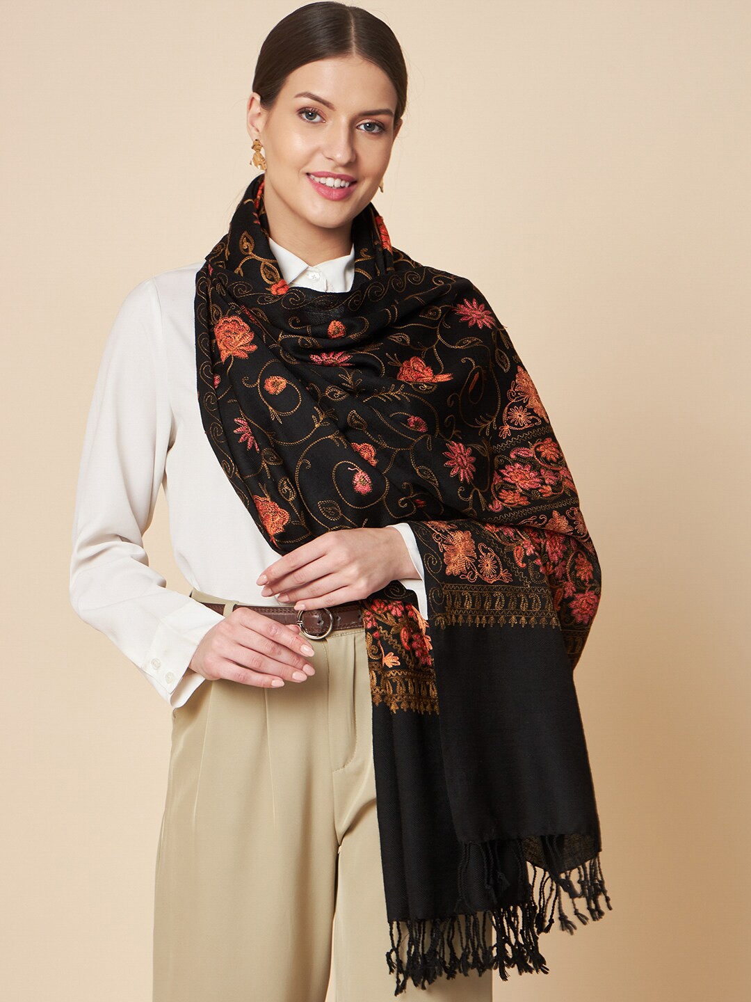 

Pashtush Women Floral Embroidered Stole, Black