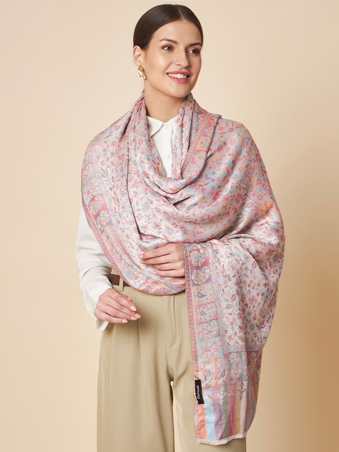 

Pashtush Floral Woven Design Stole, White