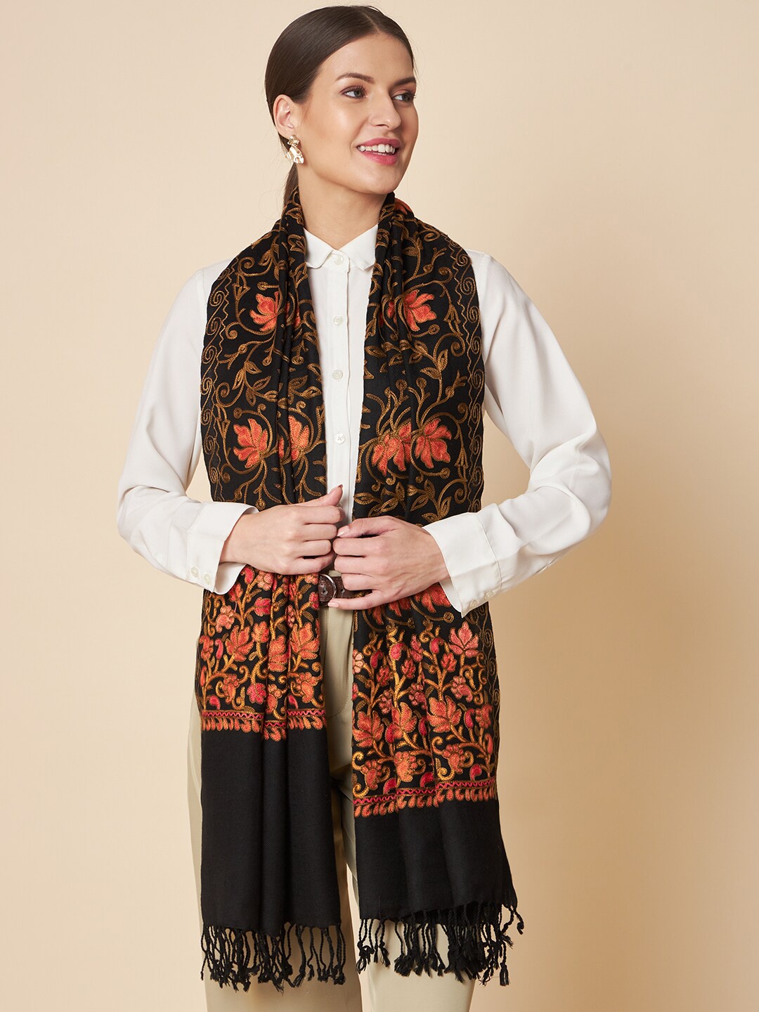 

Pashtush Women Floral Embroidered Stole, Black