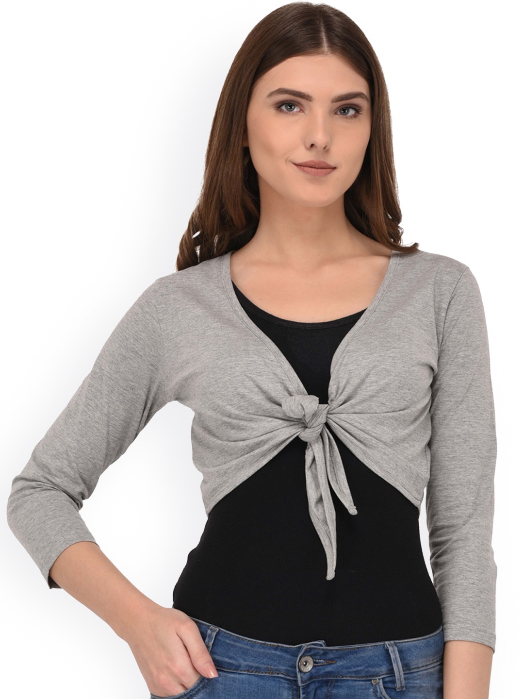 

Espresso Grey Melange Solid Tie-Up Shrug
