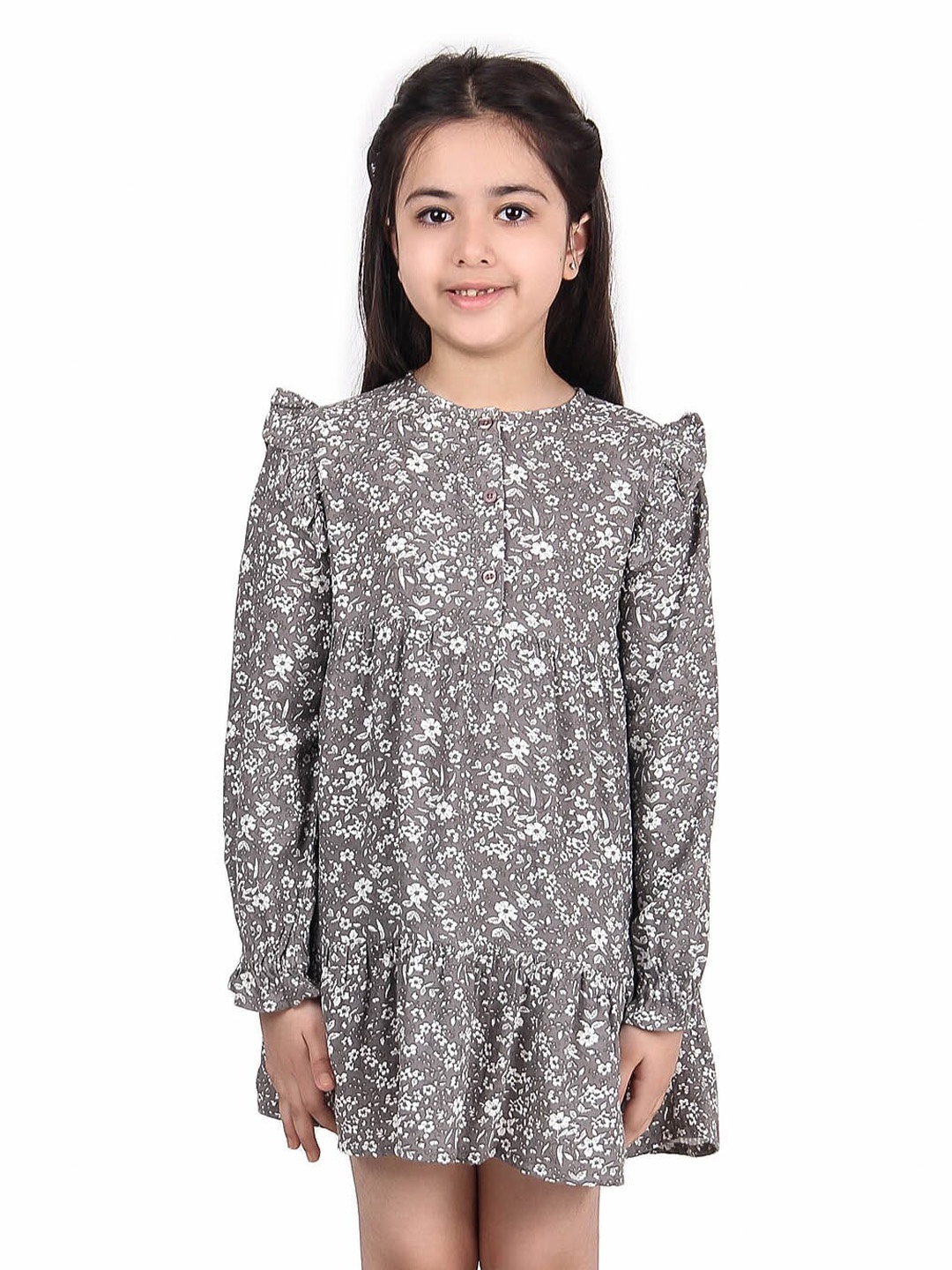 

Miyo Girls Floral Printed Ruffled Cotton A-Line Dress, Grey