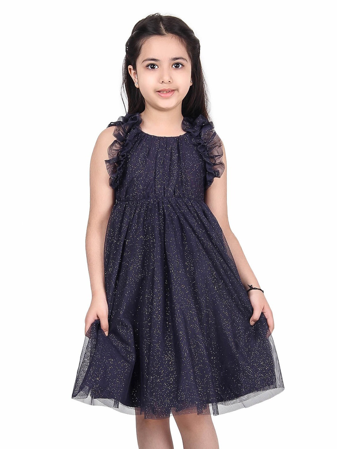 

Miyo Girls Embellished Sleeveless Ruffled Cotton Fit & Flare Dress, Blue
