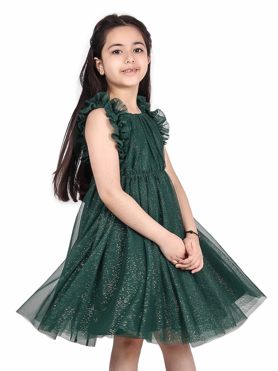 

Miyo Girls Embellished Sleeveless Ruffled Cotton Fit & Flare Dress, Green