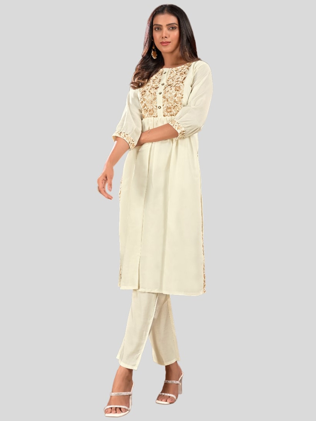 

KALINI Floral Printed Yoke Design Multiple Slits Thread Work Kurta with Trousers, White