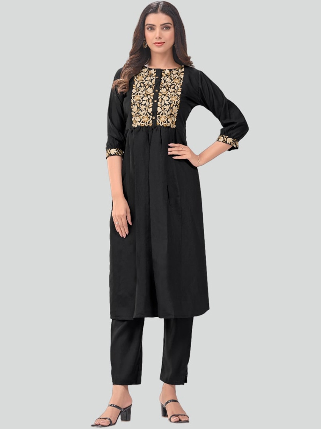 

KALINI Floral Printed Yoke Design High Slit Thread Work Kurta with Trousers, Black