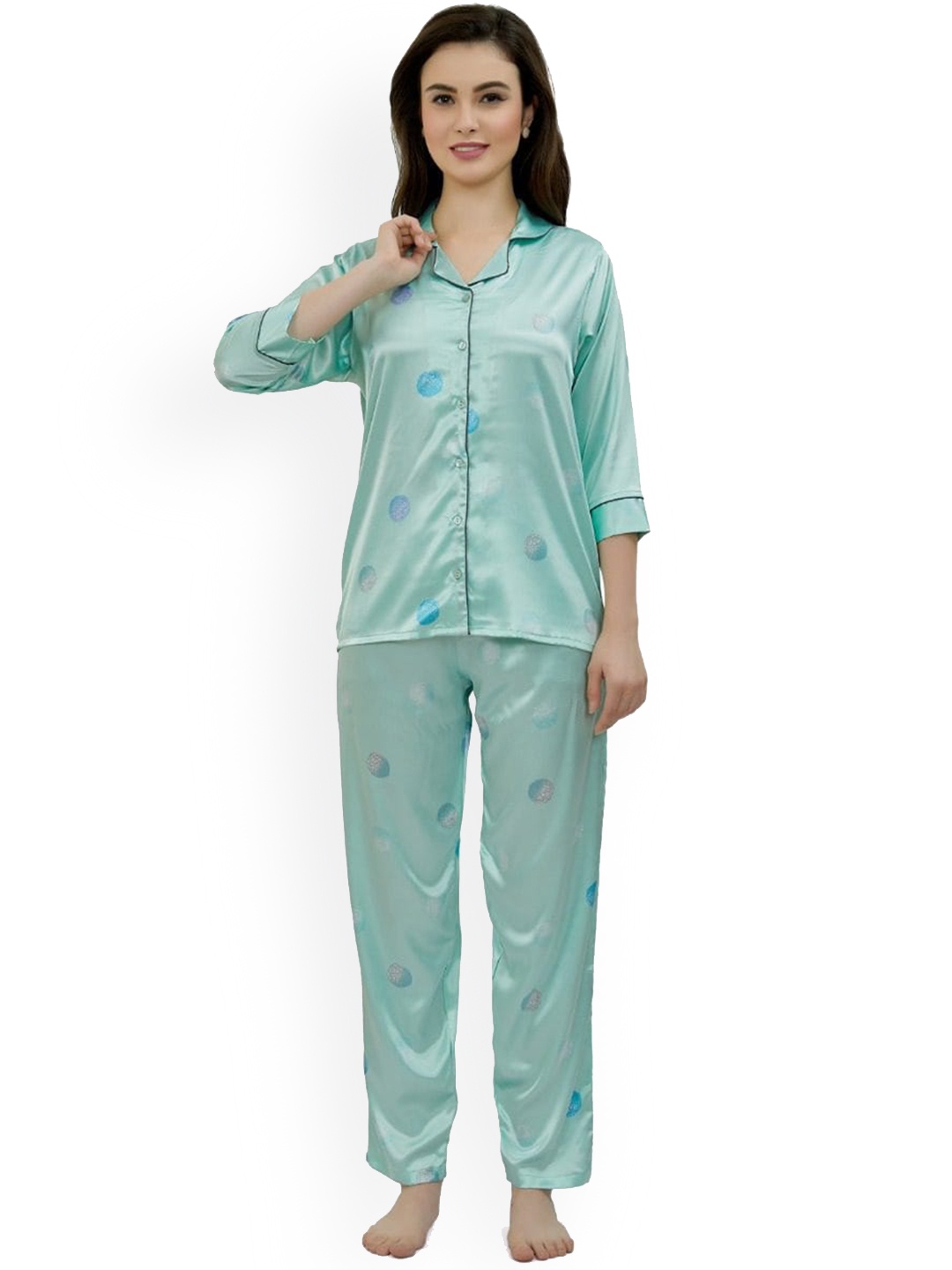 

ESTERIA Graphic Printed Shirt With Pyjamas Satin Night Suit, Green