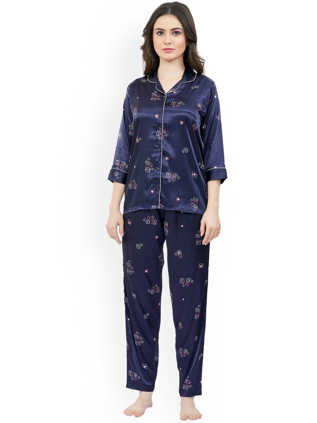 

ESTERIA Geometric Printed Shirt With Pyjamas Satin Night Suit, Navy blue