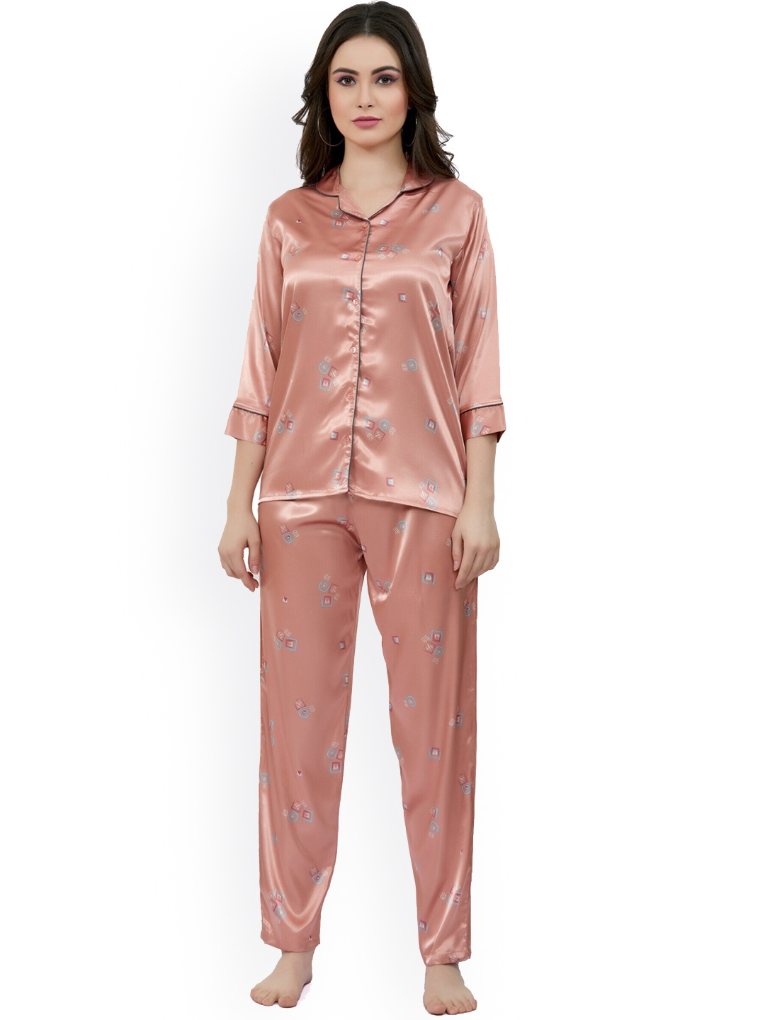

ESTERIA Geometric Printed Shirt With Pyjamas Satin Night Suit, Pink