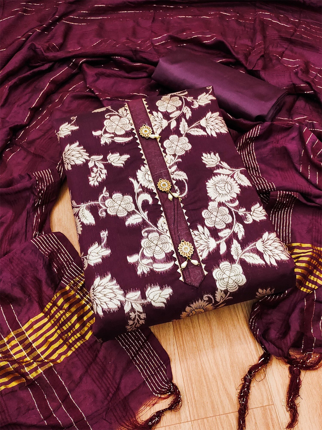 

KALINI Floral Woven Design Unstitched Dress Material, Purple