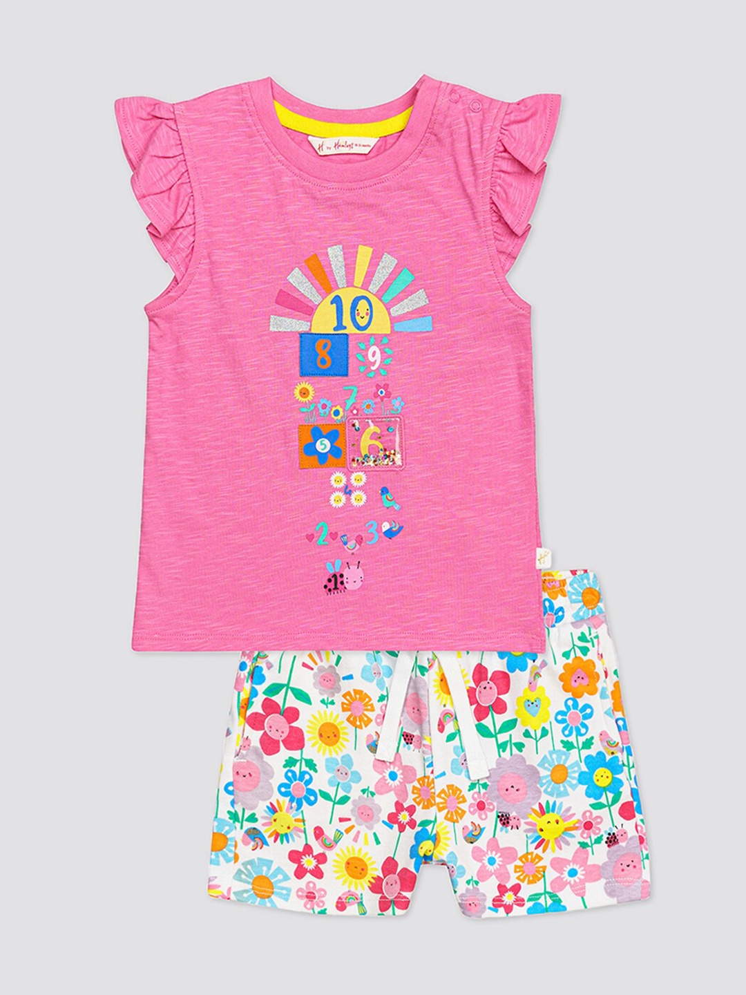 

H By Hamleys Infants Girls Flutter Sleeves Printed Top with Shorts, Pink