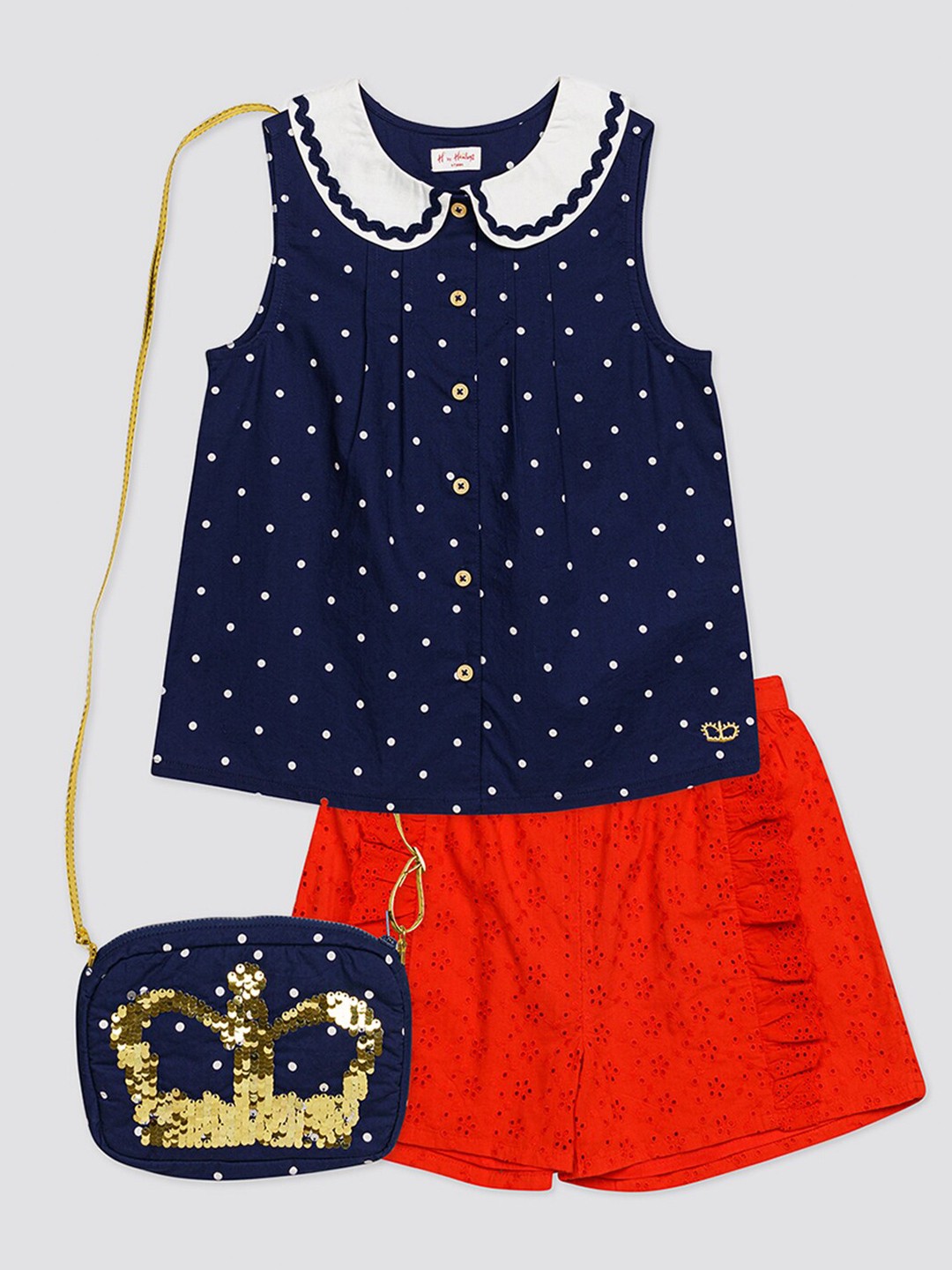 

H By Hamleys Girls Printed Top with Shorts Comes With a Sling Bag, Navy blue