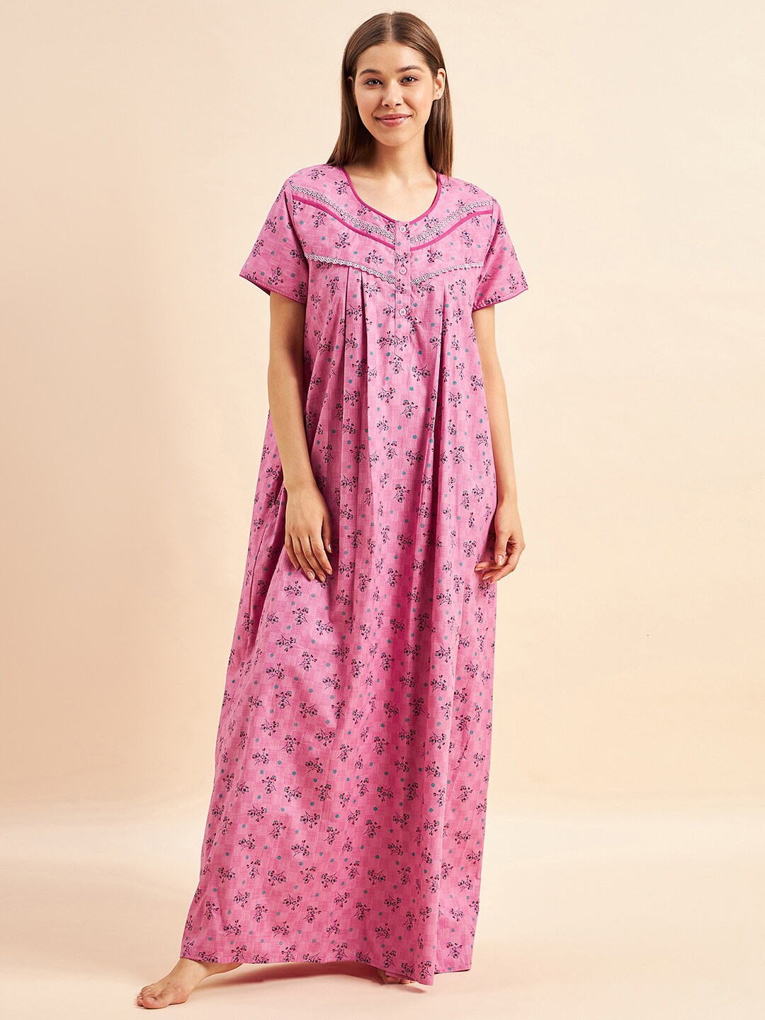 

Sweet Dreams Pink Floral Printed Pure Cotton Maxi Nightdress, Rose