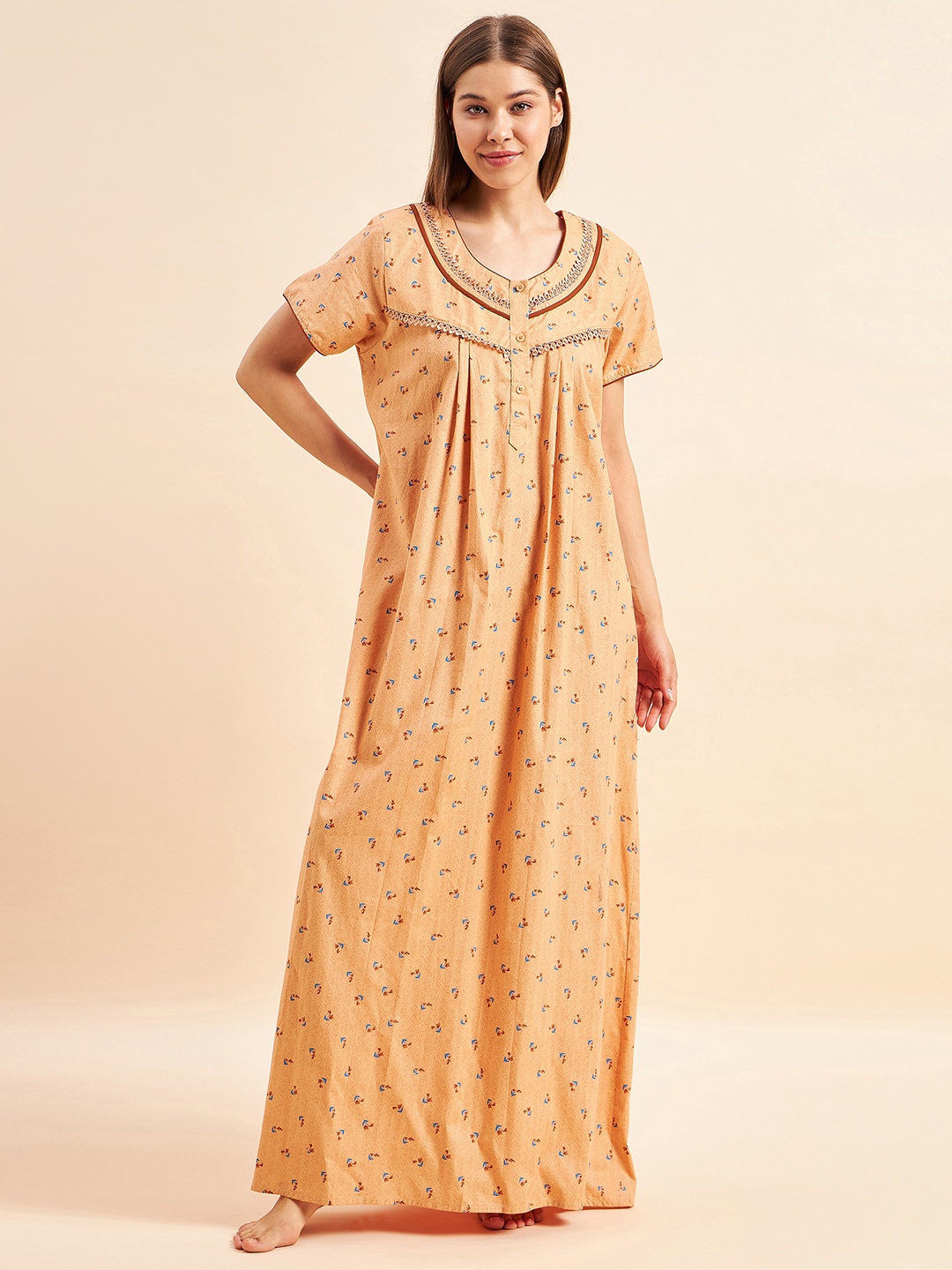 

Sweet Dreams Peach Floral Printed Maxi Pure Cotton Nightdress