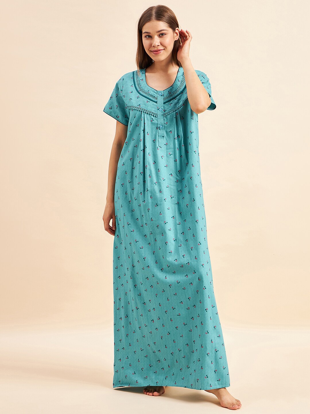 

Sweet Dreams Green Floral Printed Pure Cotton Maxi Nightdress