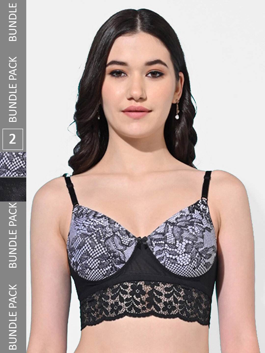 

FIMS Pack Of 2 Printed Full Coverage Lace All Day Comfort Bra BRA_SLK-P_Black_SLK