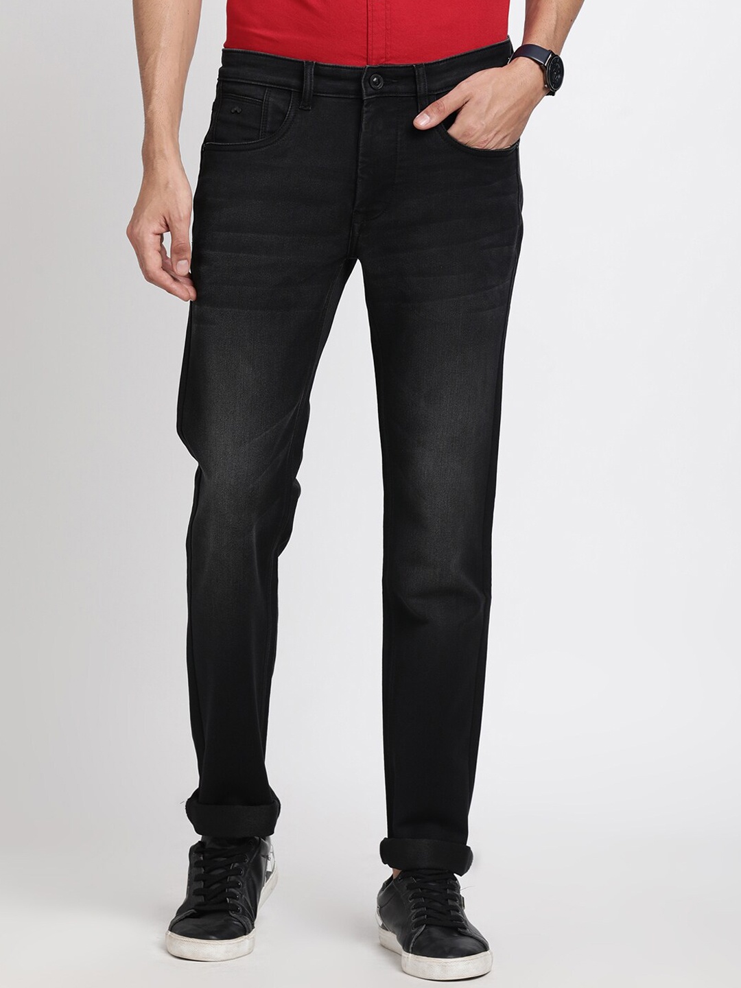 

Turtle Men Narrow Tapered Fit Light Fade Clean Look Stretchable Jeans, Black