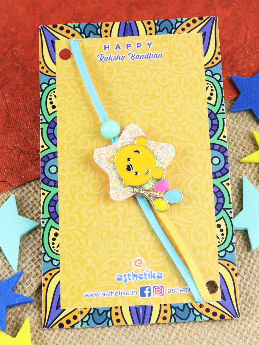 

Asthetika Boys Teddy Bear Balloons Charm Detail Beaded Rakhi, Yellow