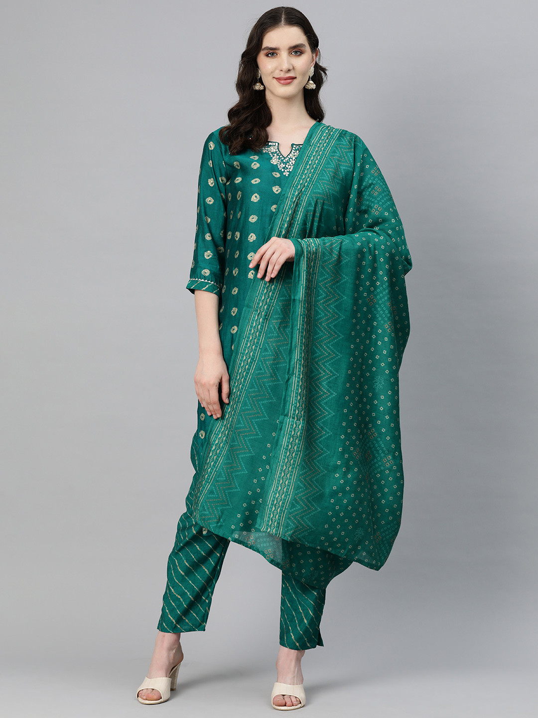 

Readiprint Fashions Women Printed Regular Gotta Patti Silk Kurta with Palazzos & Dupatta, Green