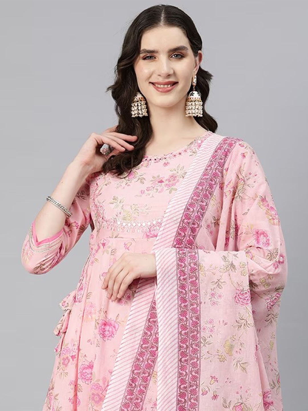 Readiprint Women Floral Printed Mirror Work Cotton Kurta with Palazzos & Dupatta, Pink