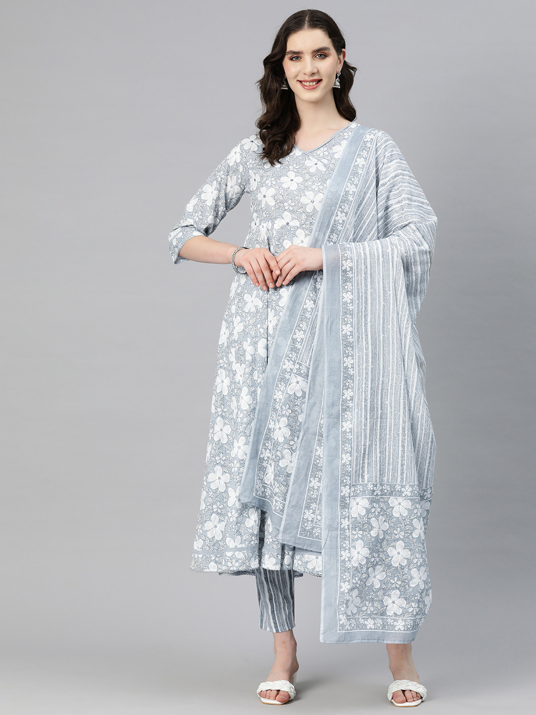 

Readiprint Fashions Women Printed Angrakha Mirror Work Kurta with Trousers & With Dupatta, Grey